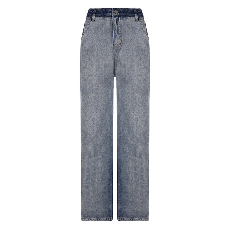 Contrast Color Stitching Wide Leg Drape Washed Distressed Skinny Jeans