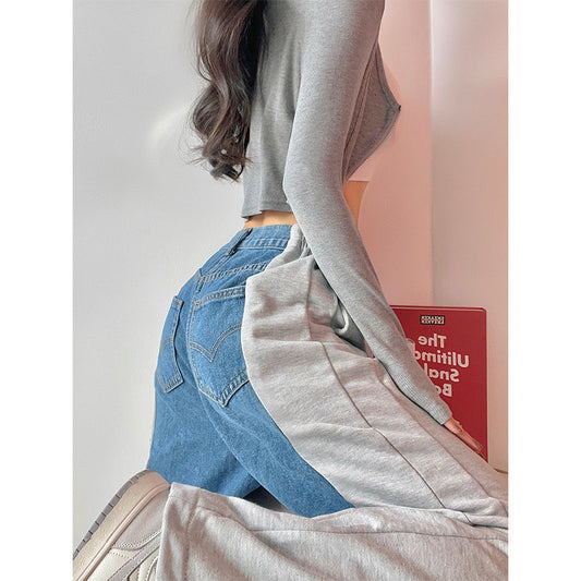 Contrast Color Stitching Wide Leg Women's High Waist Jeans